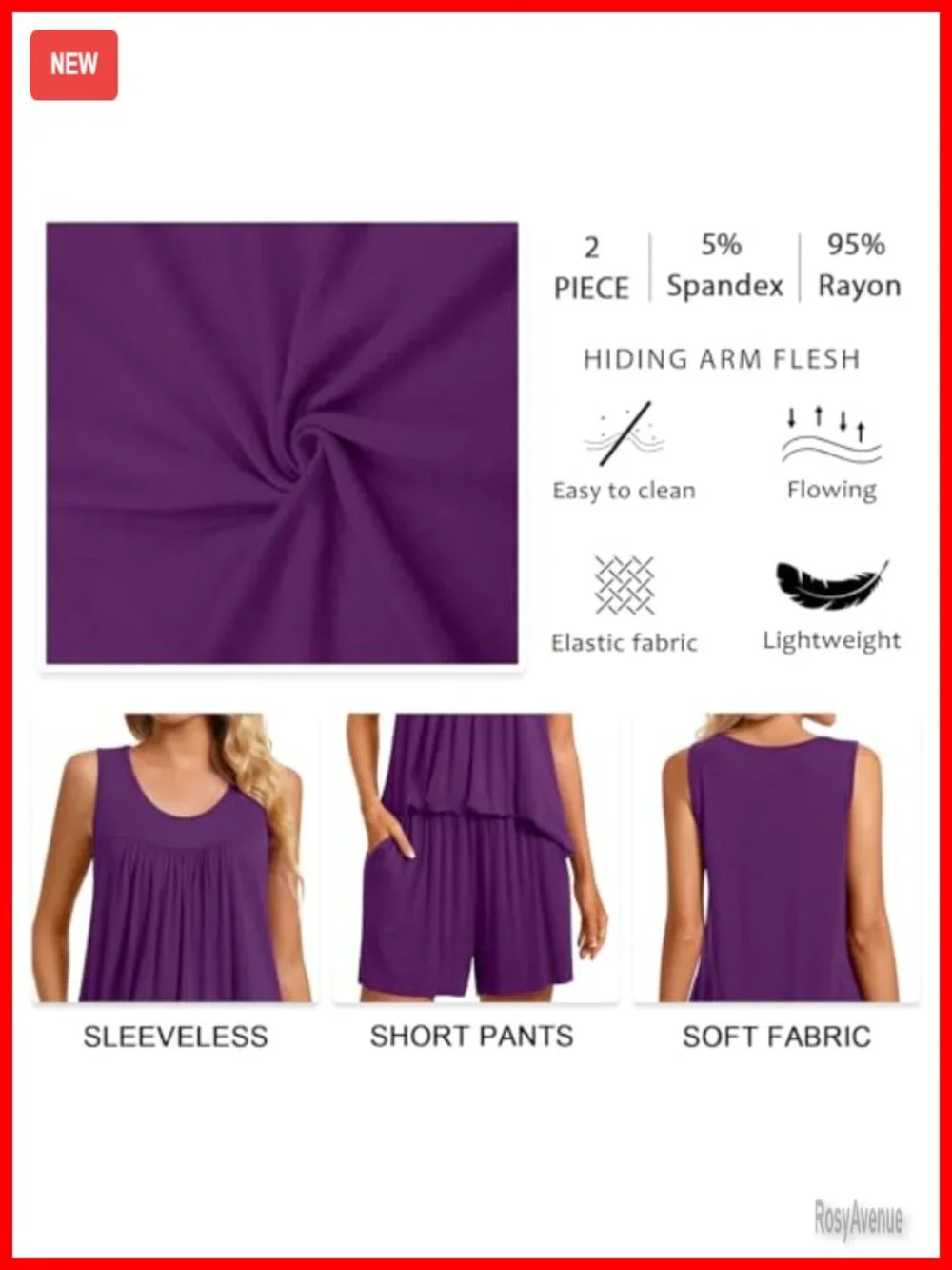 2 Piece Sleeveless Pajama Set with Pockets Soft Rayon Lounge Sleepwear Ladies